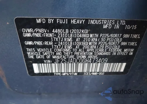 2016 Subaru Forester 2.5I Premium из США, поврежденный, VIN JF2SJADC0GH473409